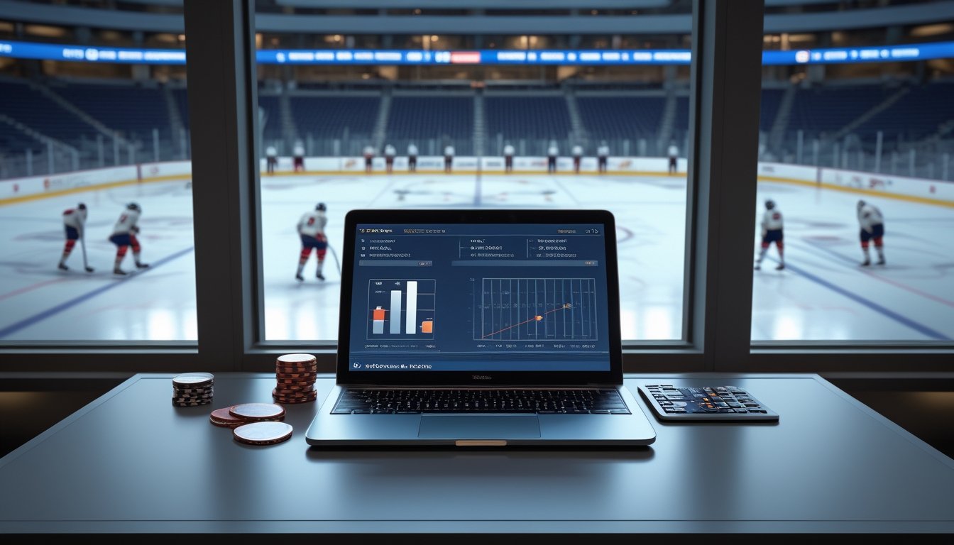 Arena hoki es dengan meja analisis berisi laptop, kalkulator, dan keping taruhan tanpa tulisan.