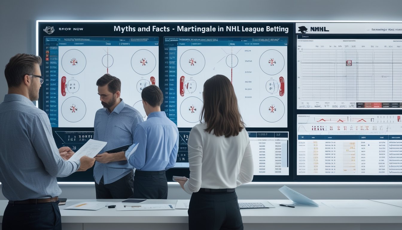 Analis olahraga membandingkan grafik risiko dan data pertandingan hoki es di ruang kerja.