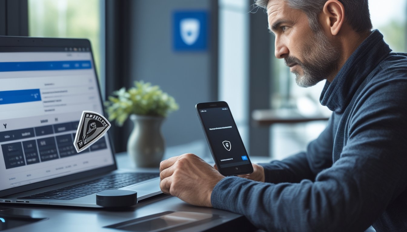 Seseorang meninjau platform taruhan hoki online yang aman di laptop dengan simbol perlindungan digital di meja kerja.