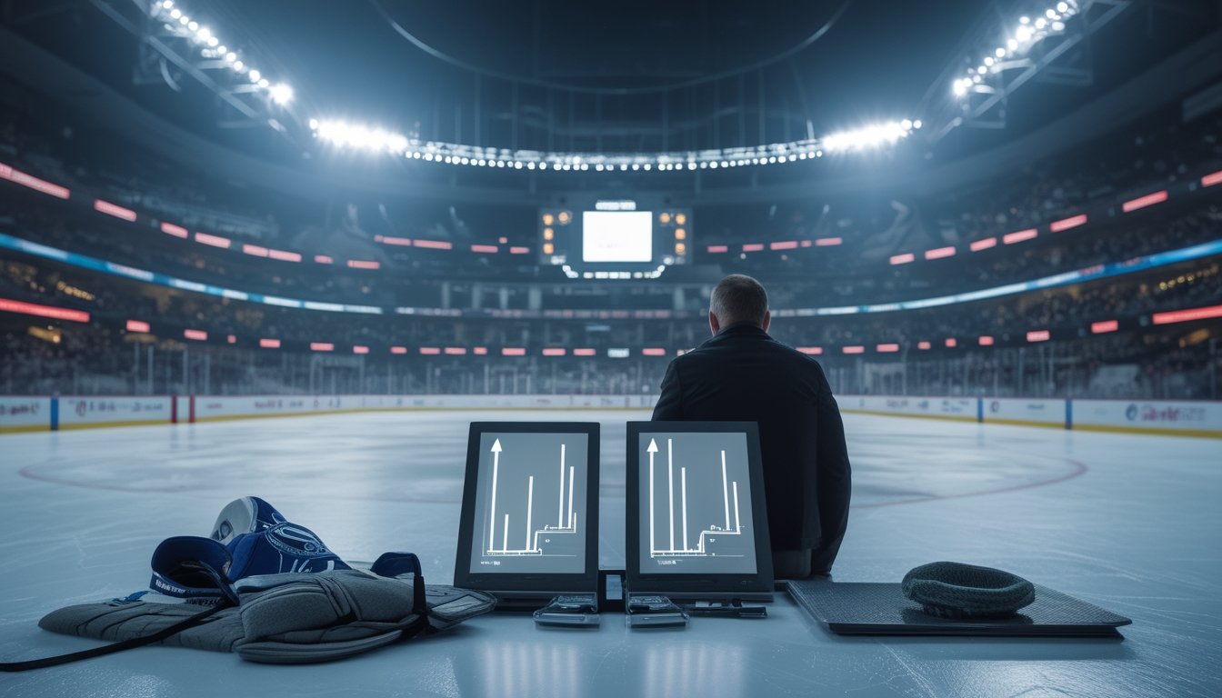 Perlengkapan hoki dan perlengkapan medis berada di dekat analis yang mengamati layar dengan grafik abstrak di arena pertandingan.