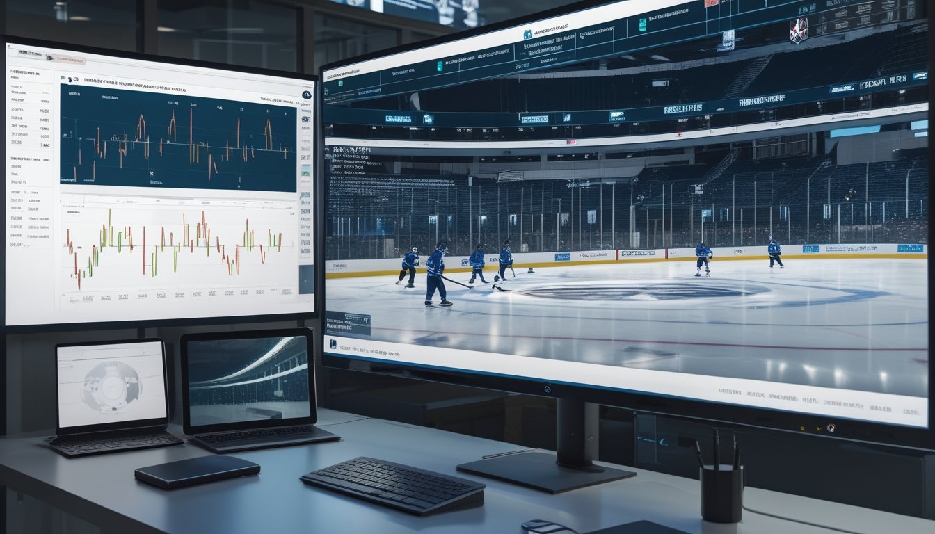 Ruang analisis olahraga dengan grafik garis abstrak dan pertandingan hoki es yang sedang berlangsung.