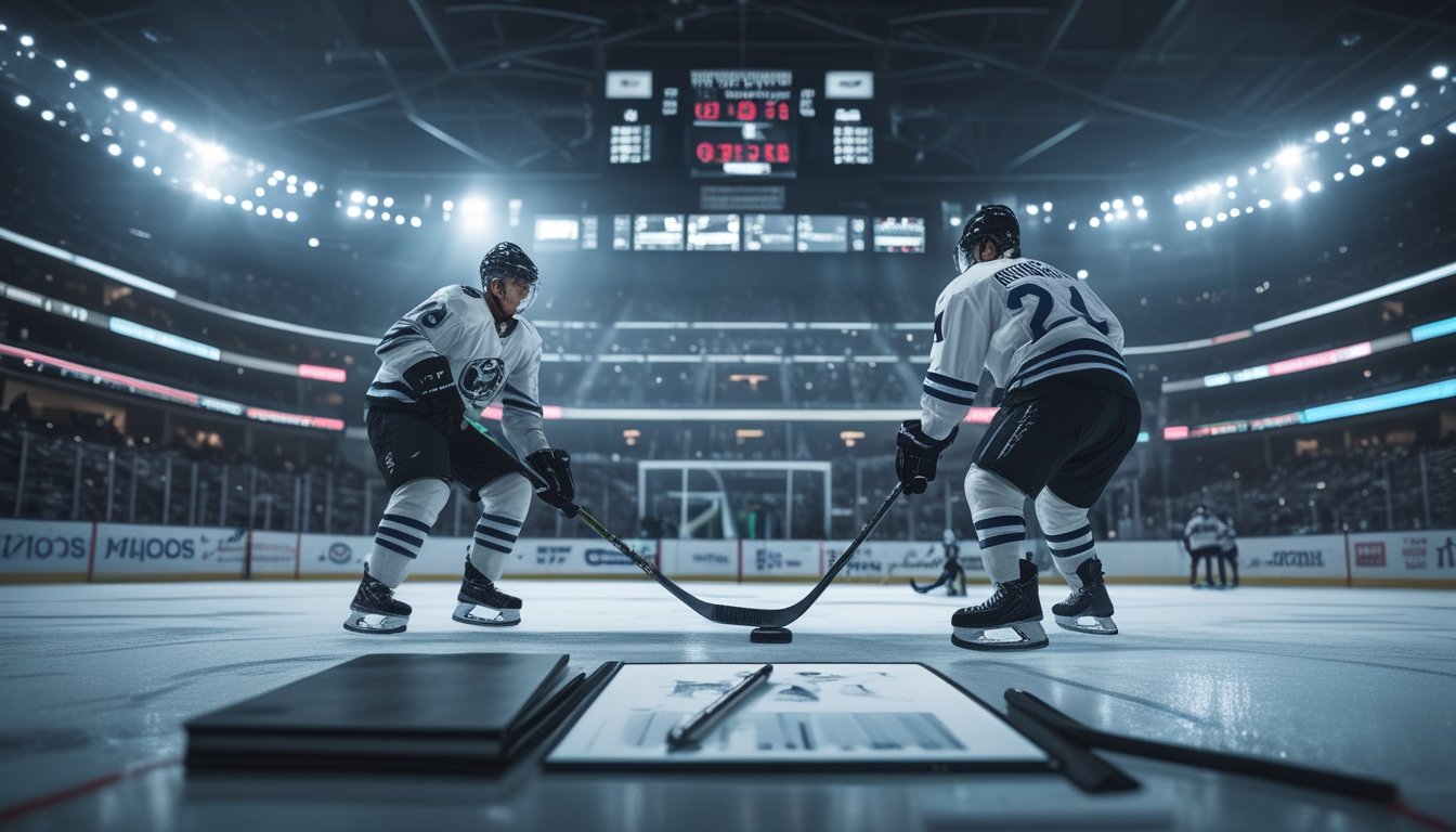 Pemain hoki es bertanding di arena playoff dengan meja analisis berisi tablet dan buku catatan di latar depan.