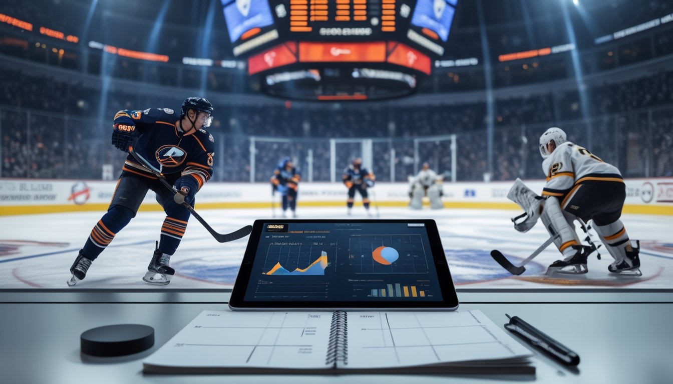 Pemain hoki es bertanding sengit di arena playoff, dengan tablet analisis dan perlengkapan hoki di latar depan.