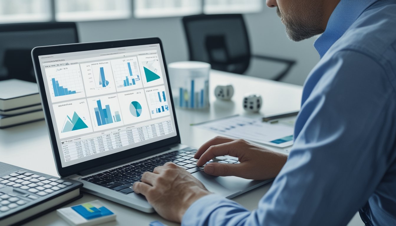 Seorang analis mempelajari grafik probabilitas dan perhitungan statistik di meja kerja dengan kalkulator serta catatan matematika.