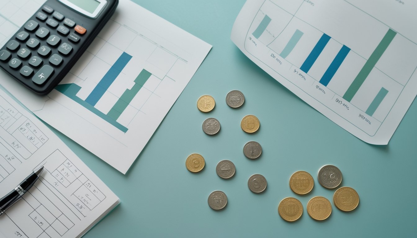 Meja kerja dengan kalkulator, koin, token, dan timbangan yang menggambarkan perbandingan risiko dan hadiah.