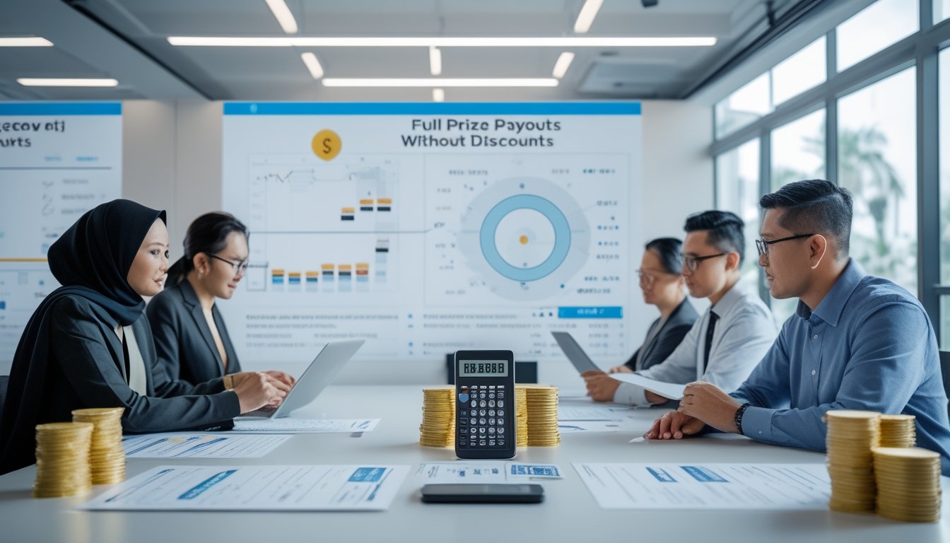 Sekelompok profesional menganalisis diagram keuangan dan perbandingan hadiah di meja kantor modern.