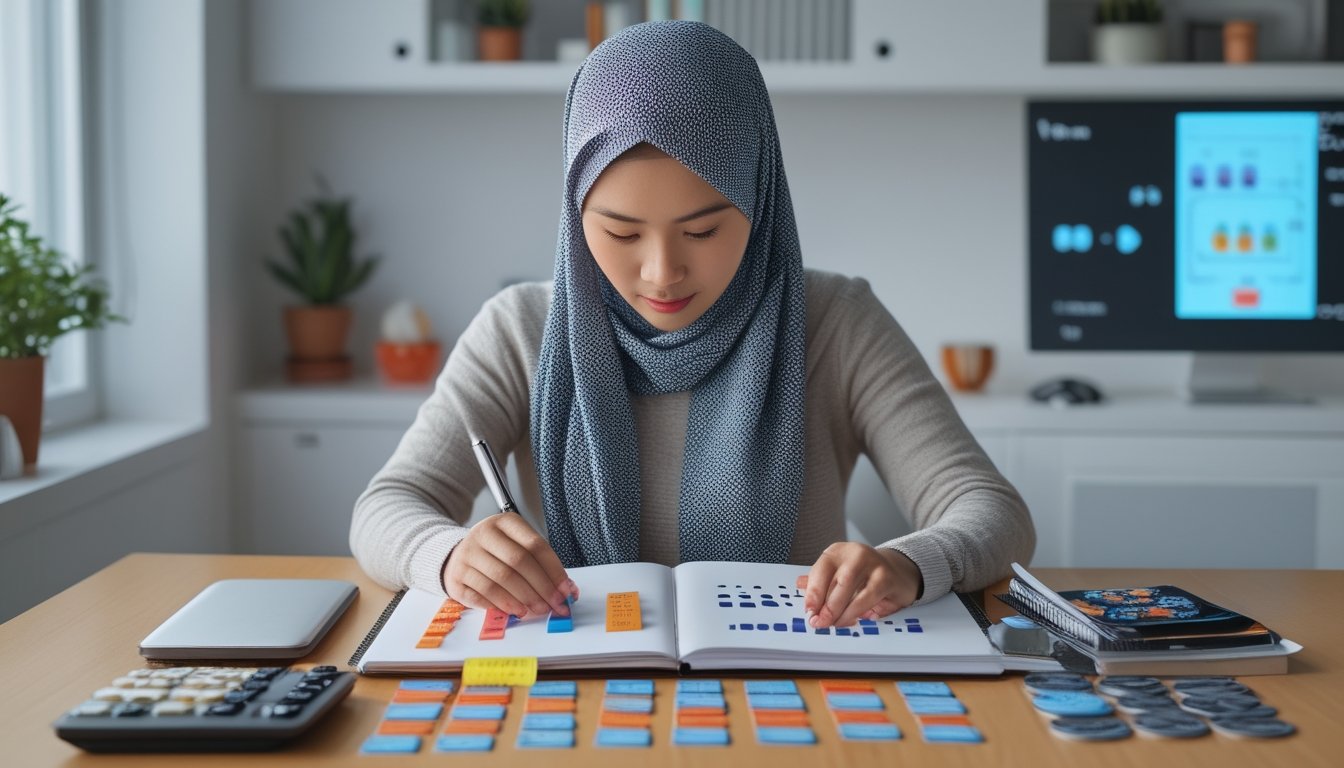 Orang dewasa mempelajari simbol angka di meja dengan buku catatan, kalkulator, ponsel, dan keping permainan.