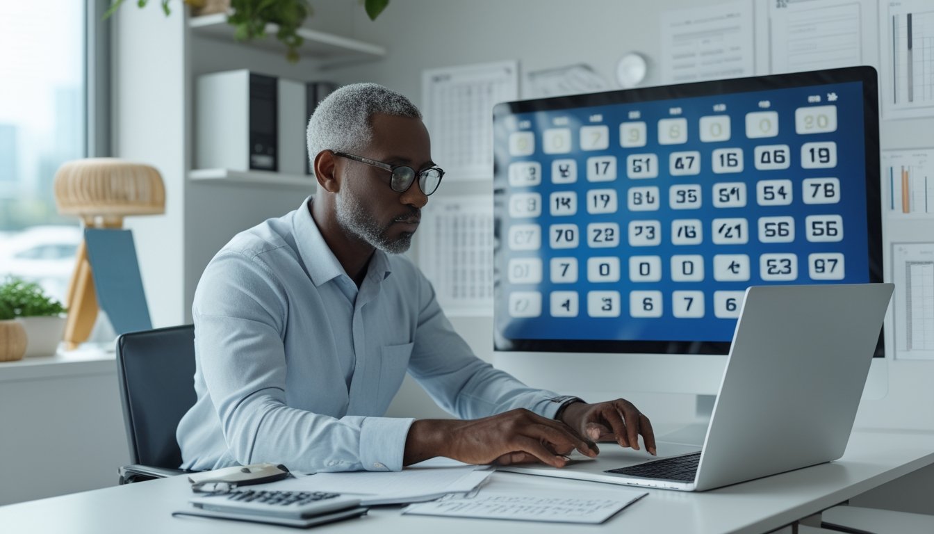 Seorang analis meninjau kombinasi angka dan data di meja kerja modern.
