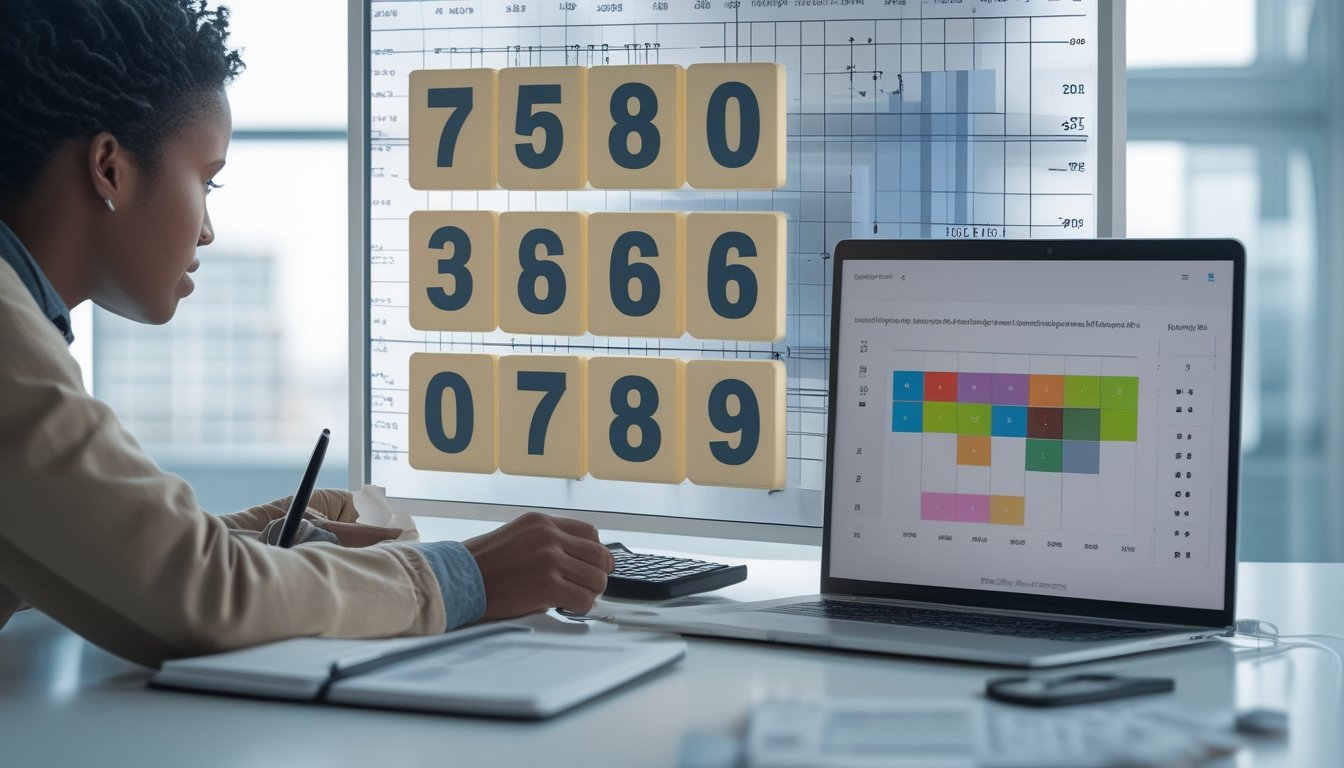 Seseorang menganalisis susunan angka dan grafik pada meja kerja menggunakan laptop.