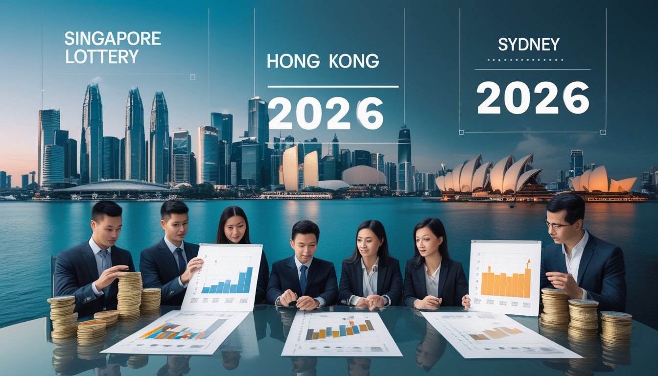 Analis bisnis membandingkan grafik dan dokumen keuangan dengan latar kota Singapura, Hong Kong, dan Sydney.