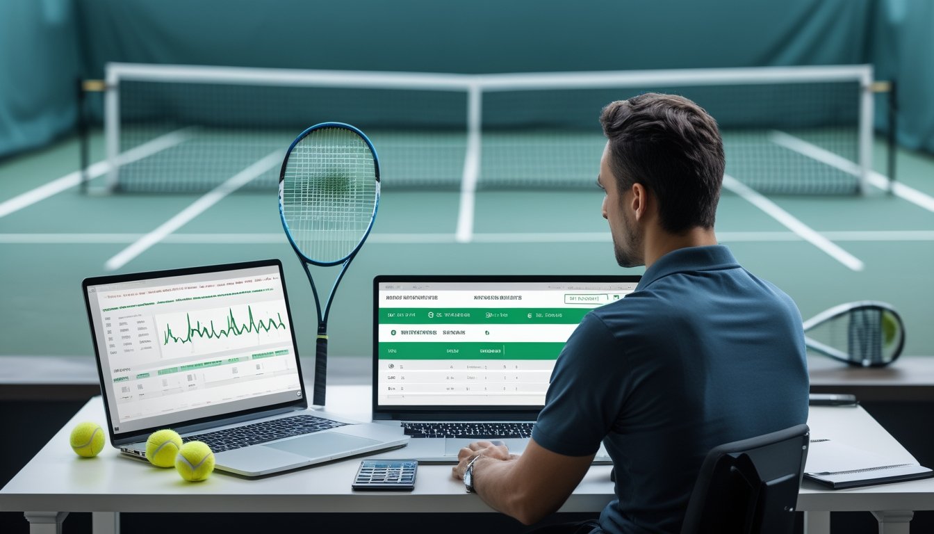 Seorang pemula mempelajari statistik tenis menggunakan laptop di meja dengan raket dan bola tenis di dekatnya.