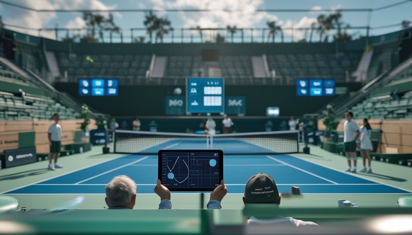 Suasana pertandingan tenis dengan pemain, wasit, penonton, dan seseorang yang melihat analisis pertandingan di tablet.