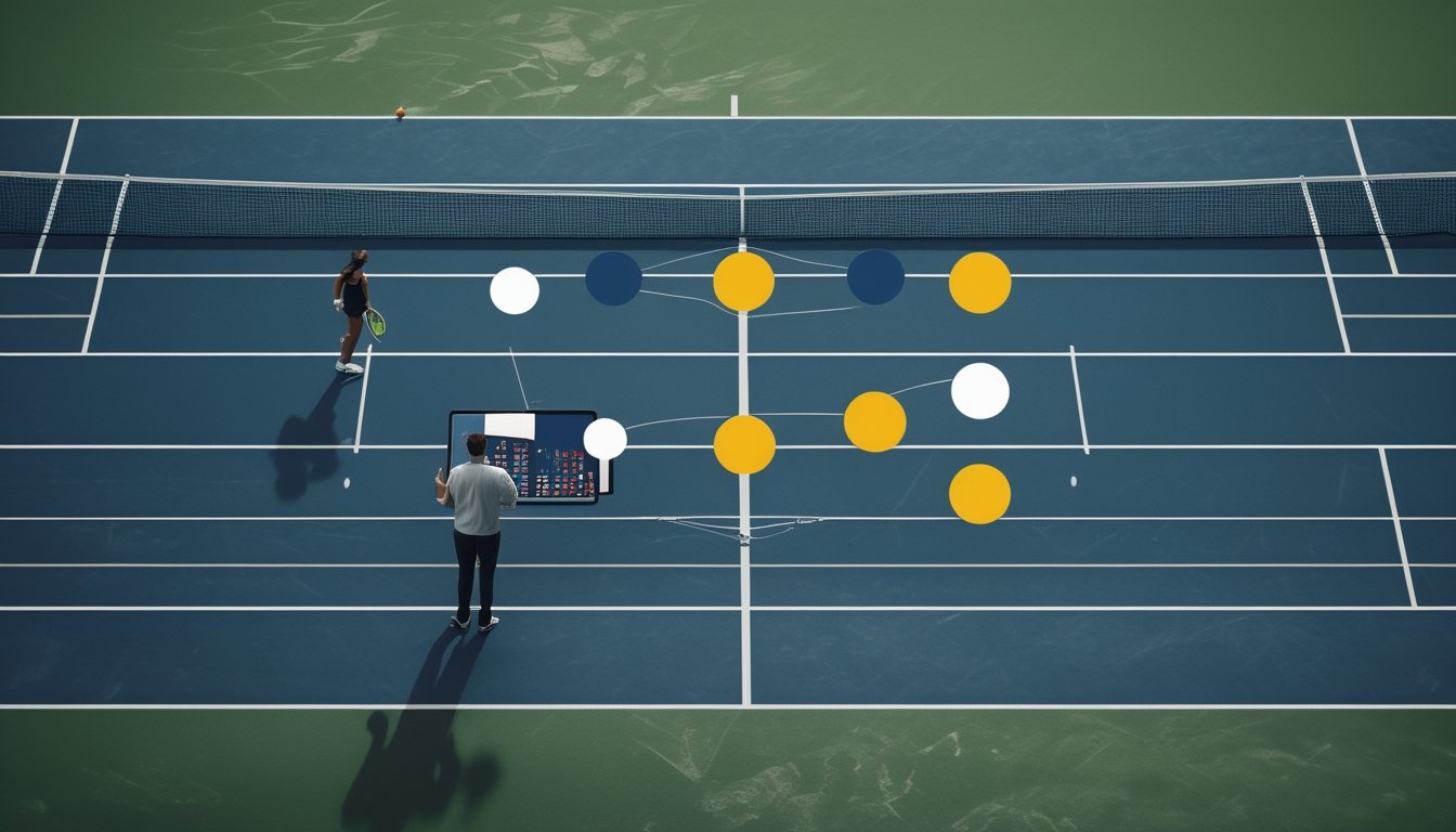 Pemain tenis bertanding di lapangan sementara seorang analis olahraga mengamati tablet di tepi lapangan.