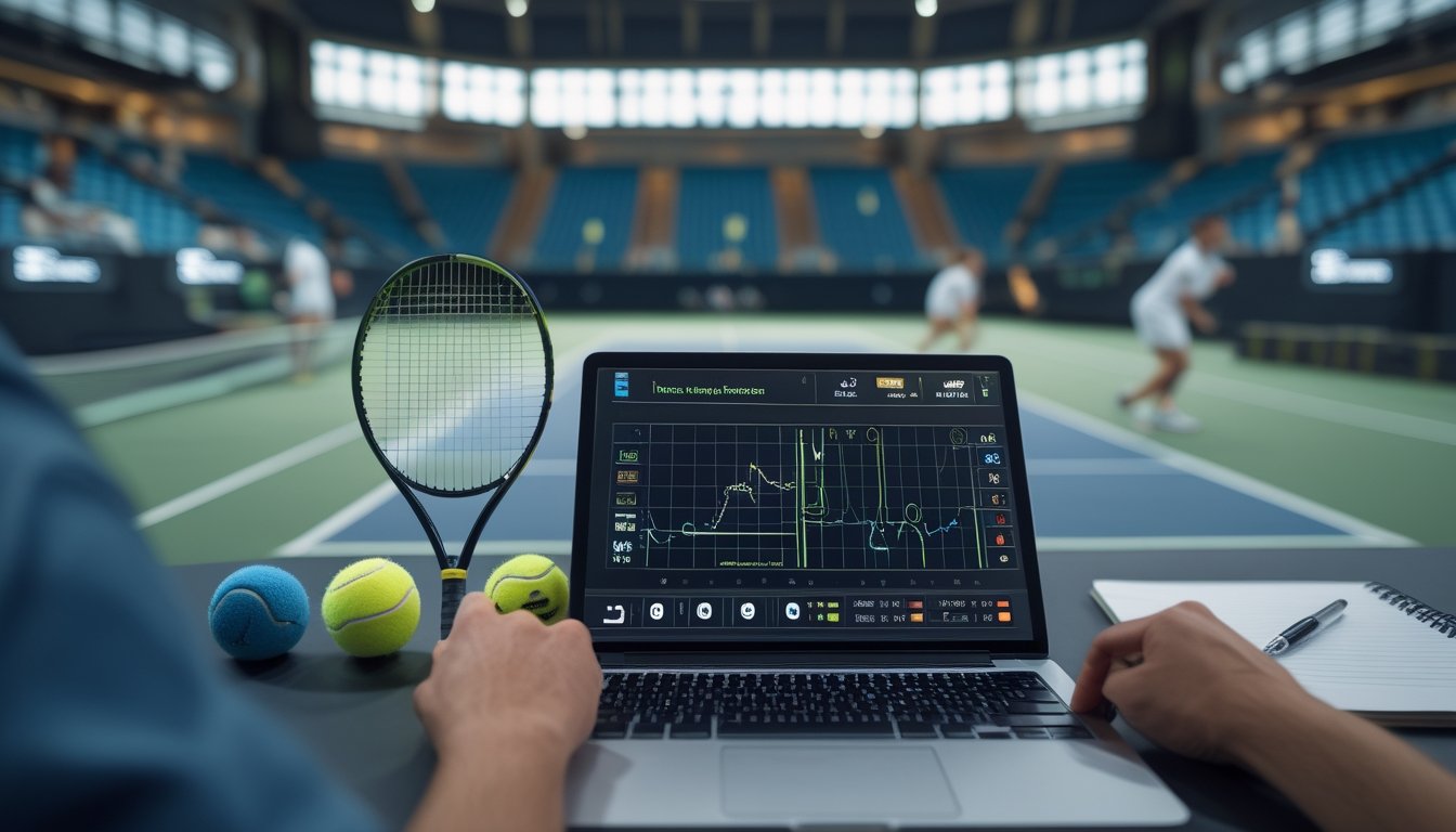 Dua analis mempelajari data pertandingan tenis menggunakan laptop dan tablet di arena tenis.
