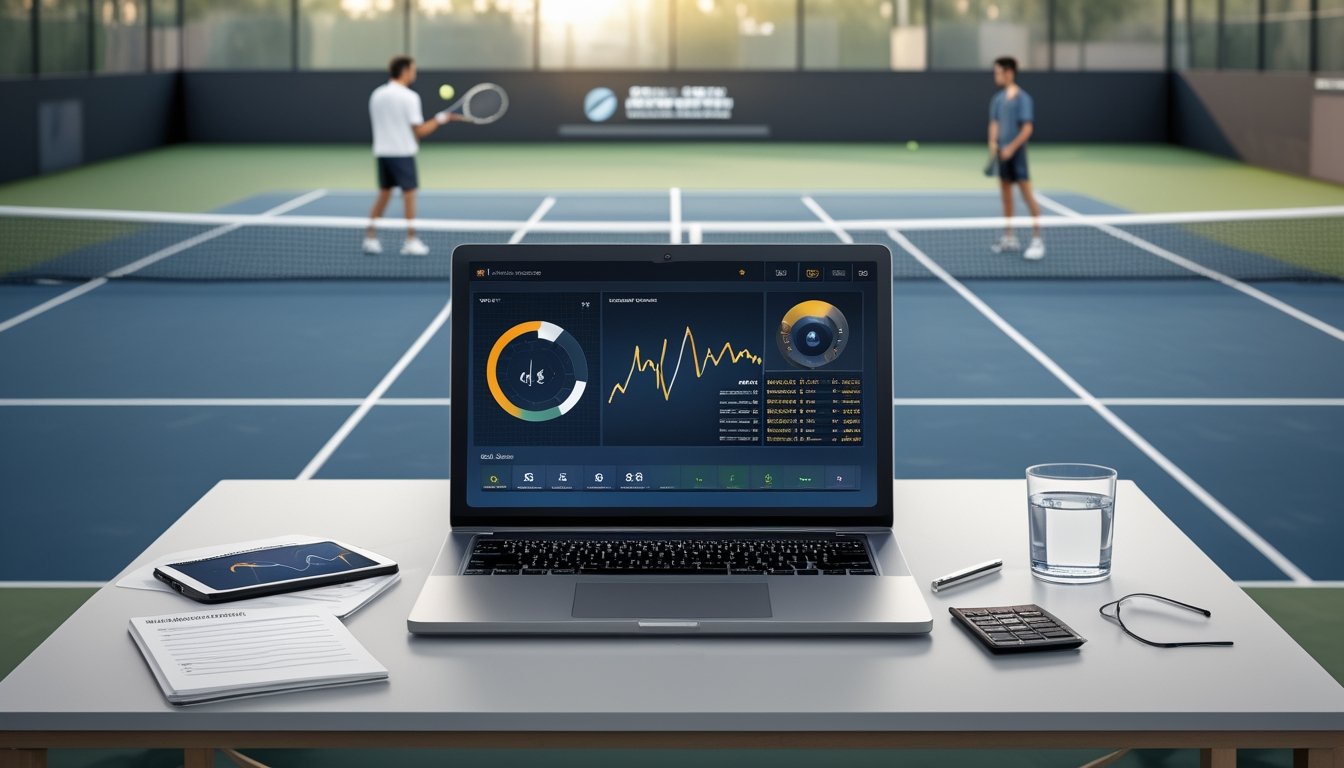 Pemain tenis bersiap bertanding dengan laptop dan ponsel yang menampilkan analisis olahraga di meja depan.
