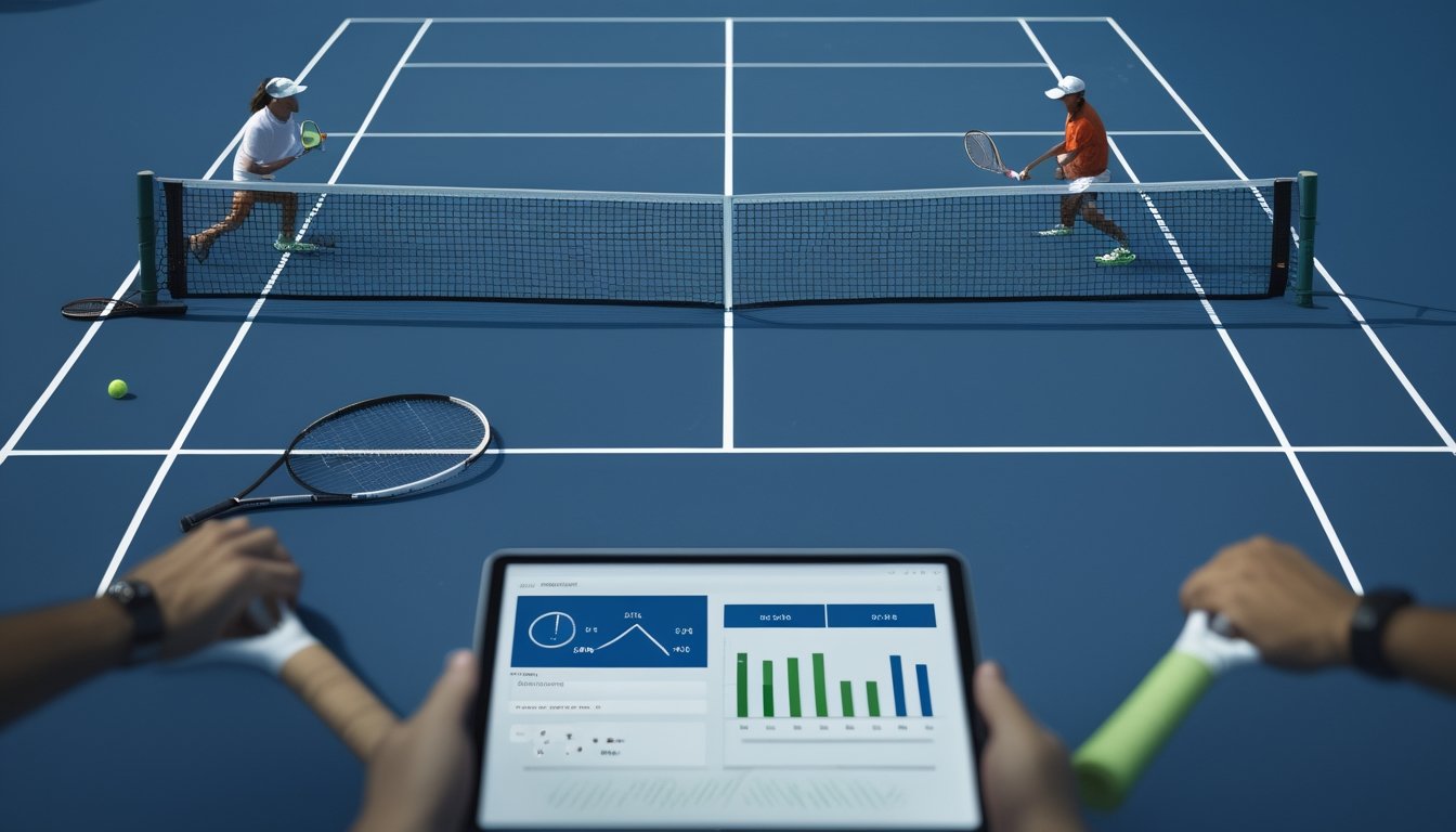Pemain tenis bertanding di lapangan dengan perangkat yang menampilkan analisis pertandingan.
