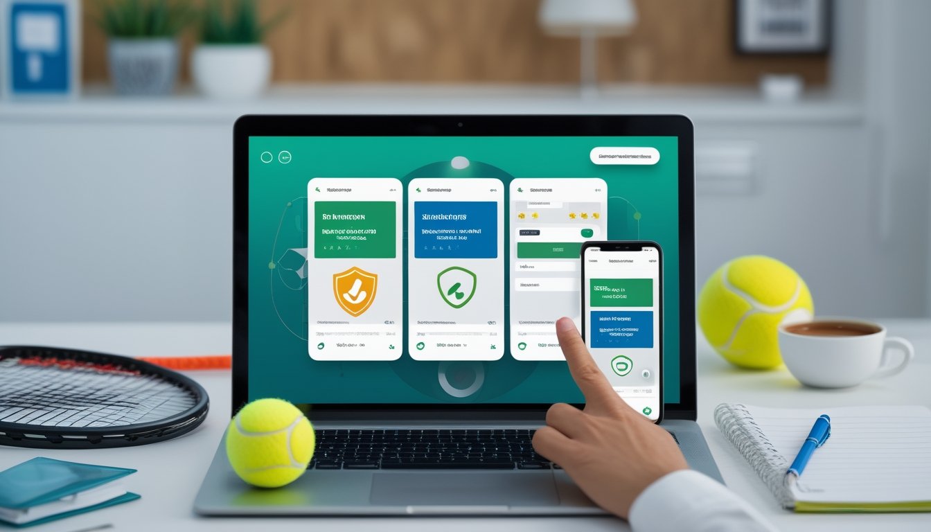 Penggemar tenis membandingkan platform taruhan online dengan simbol keamanan di laptop dan ponsel.