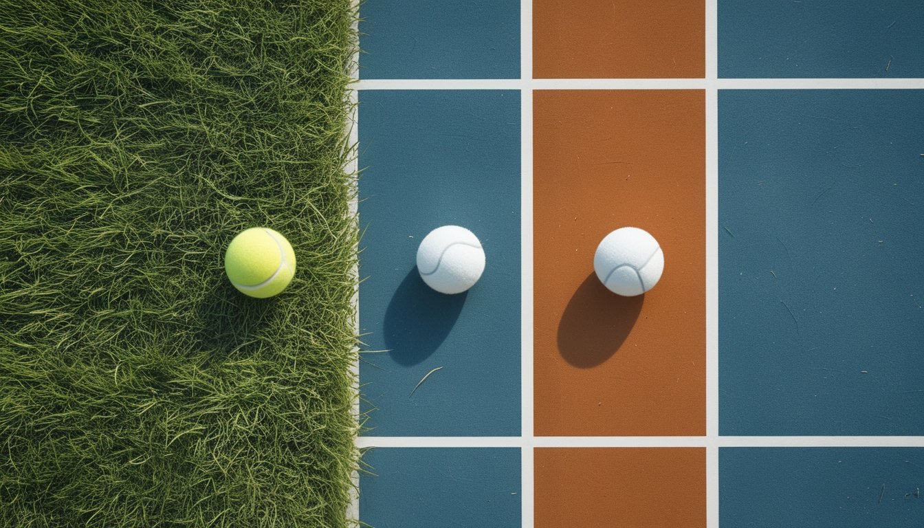 Tiga permukaan lapangan tenis berupa rumput, tanah liat, dan lapangan keras dengan bola tenis di antaranya.