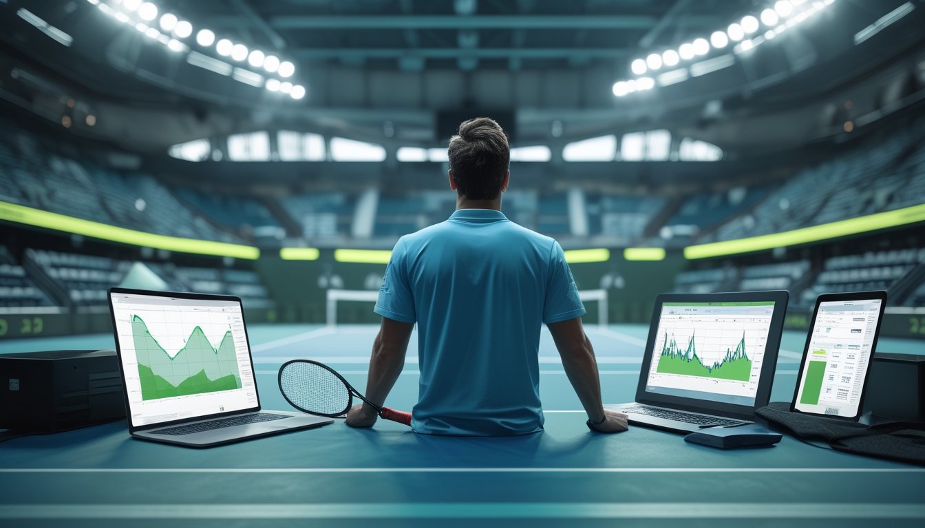 Analis bermain tenis dominan di lapangan sementara analis mempelajari data pertandingan.
