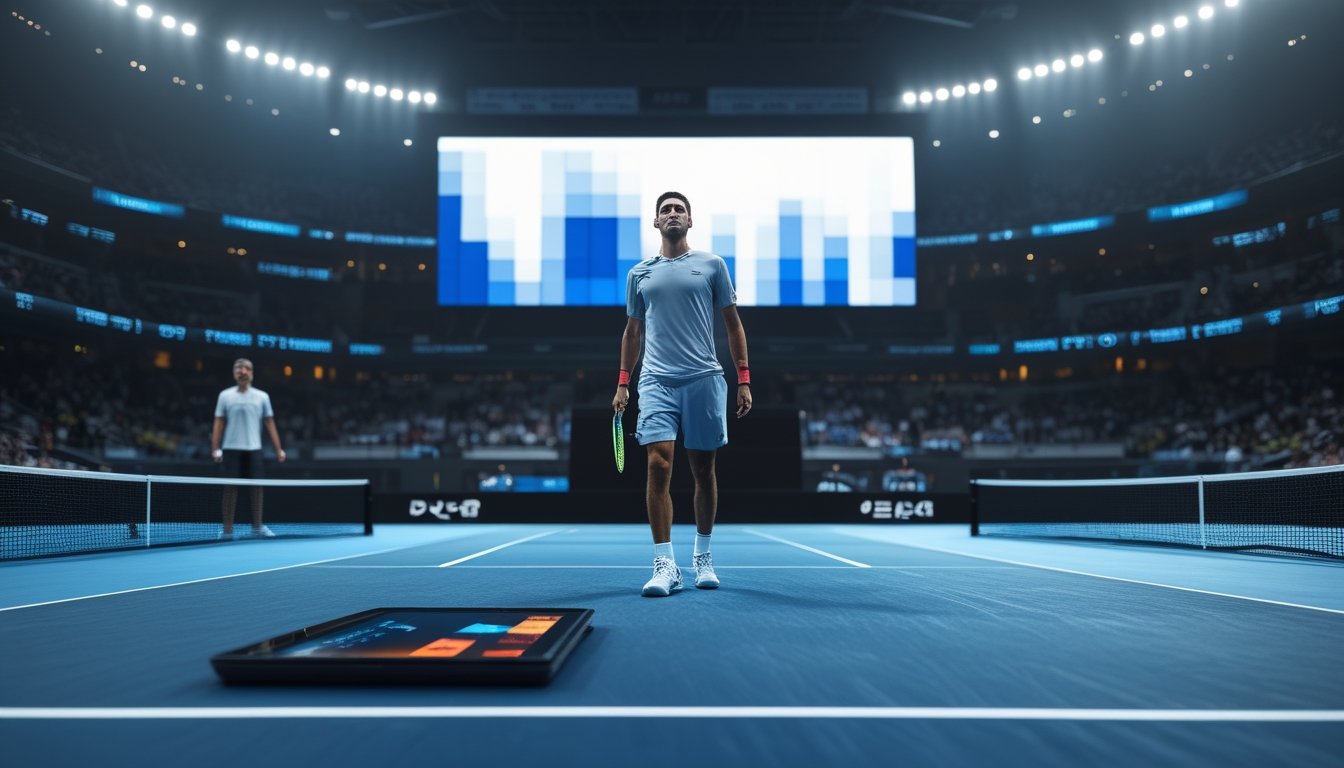 Pemain tenis unggulan berdiri percaya diri di lapangan setelah memenangkan poin, sementara lawannya berada di latar belakang stadion.