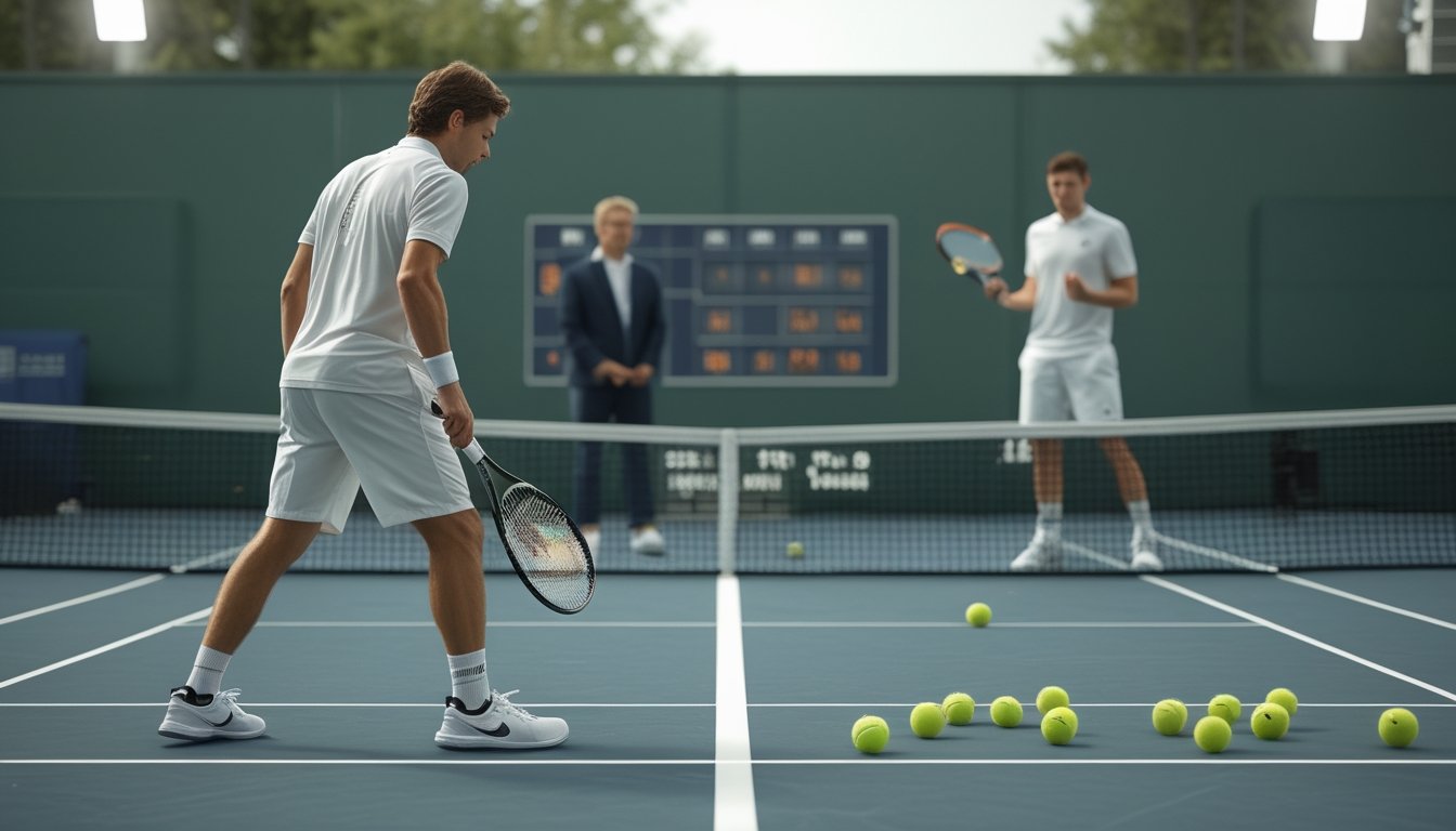 Petenis non-favorit bersiap mengembalikan servis dalam pertandingan tunggal di lapangan tenis, sementara lawannya menunggu di seberang net.