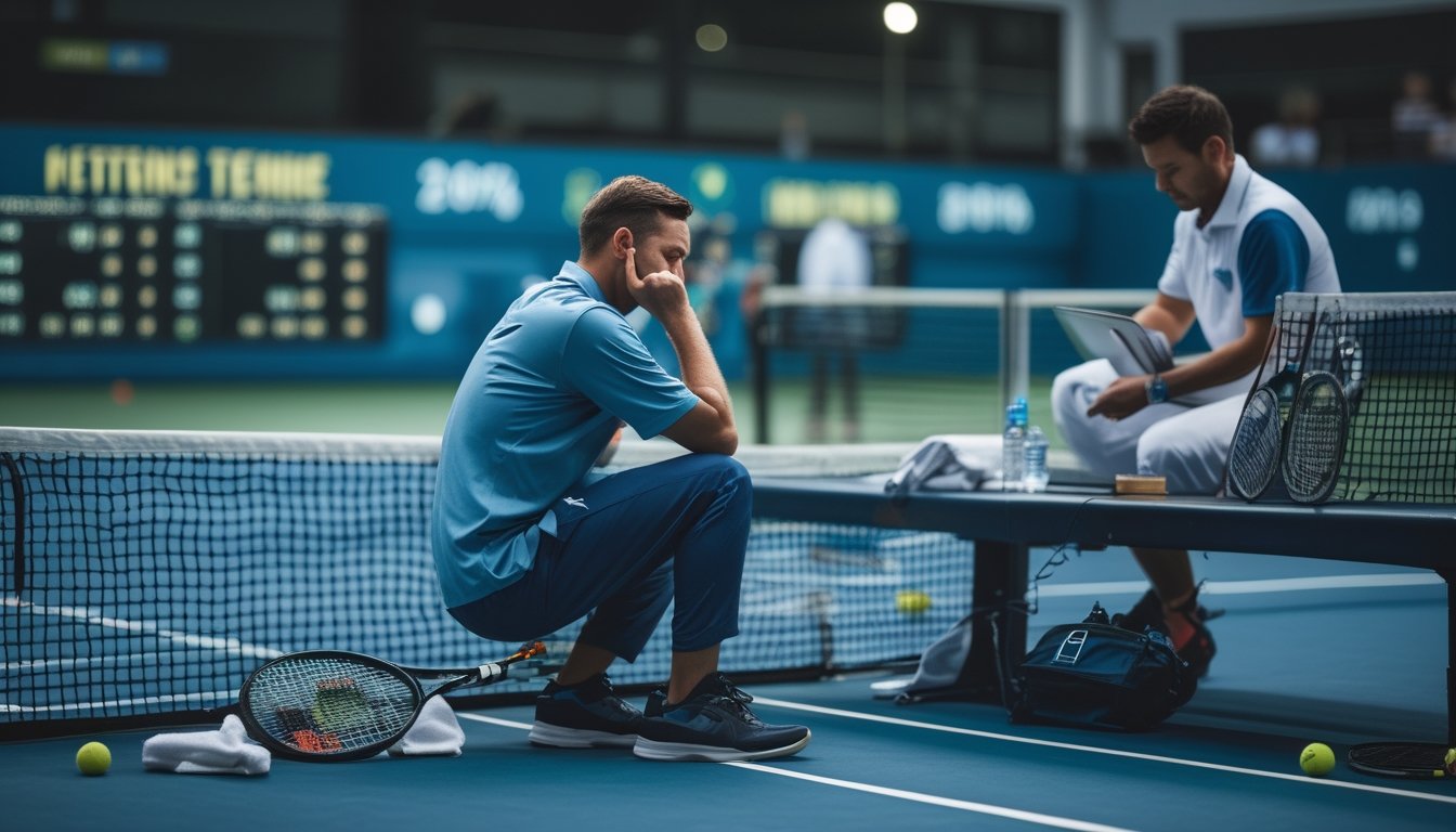 Dua pemain tenis terlihat kelelahan setelah pertandingan, sementara seorang analis memeriksa tablet di dekat lapangan.