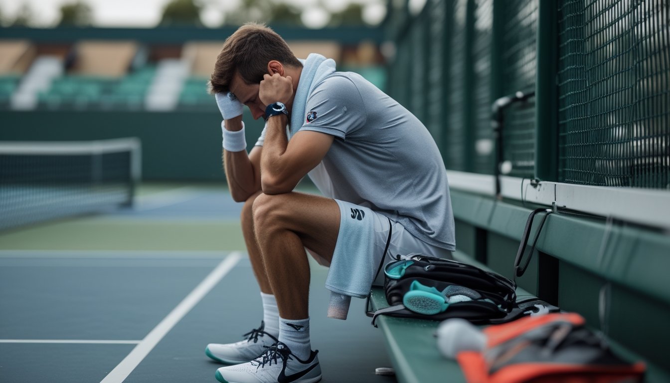Pemain tenis profesional yang kelelahan duduk di bangku lapangan saat jeda pertandingan.