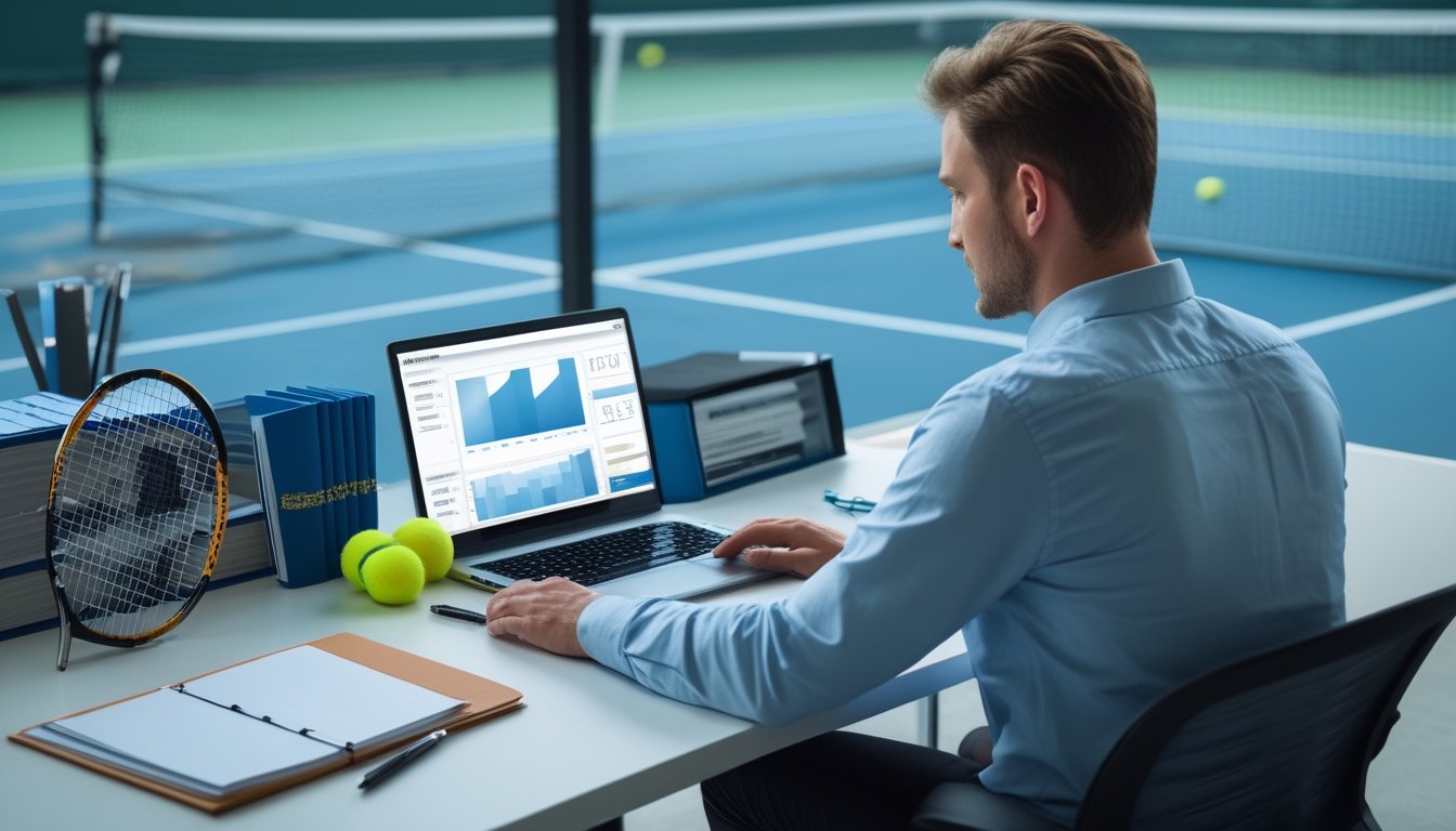 Seorang analis menyusun perencanaan keuangan di meja kerja dengan perlengkapan tenis dan lapangan tenis di latar belakang.