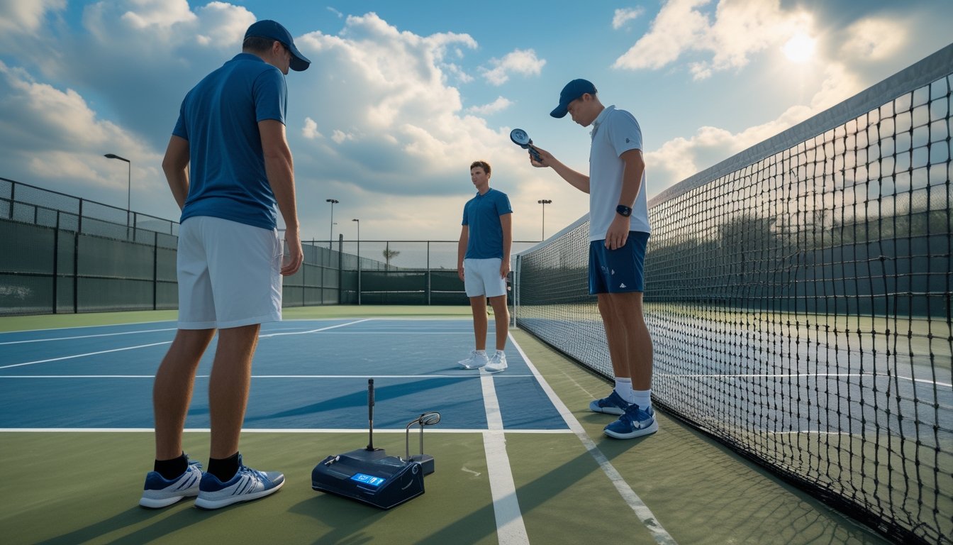Pemain tenis dan analis memeriksa kondisi lapangan, arah angin, dan cuaca sebelum pertandingan.