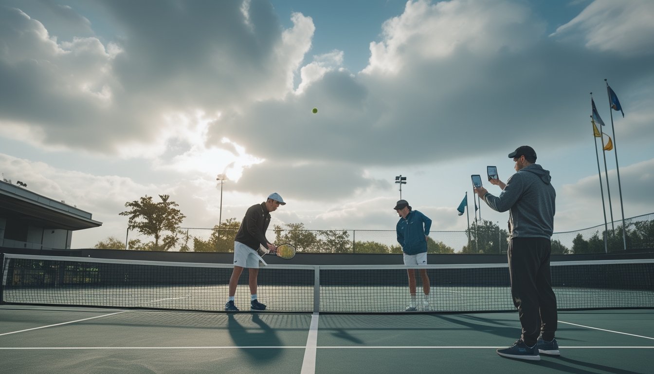 Pemain tenis bersiap di lapangan terbuka saat angin bertiup dan langit mulai berawan.