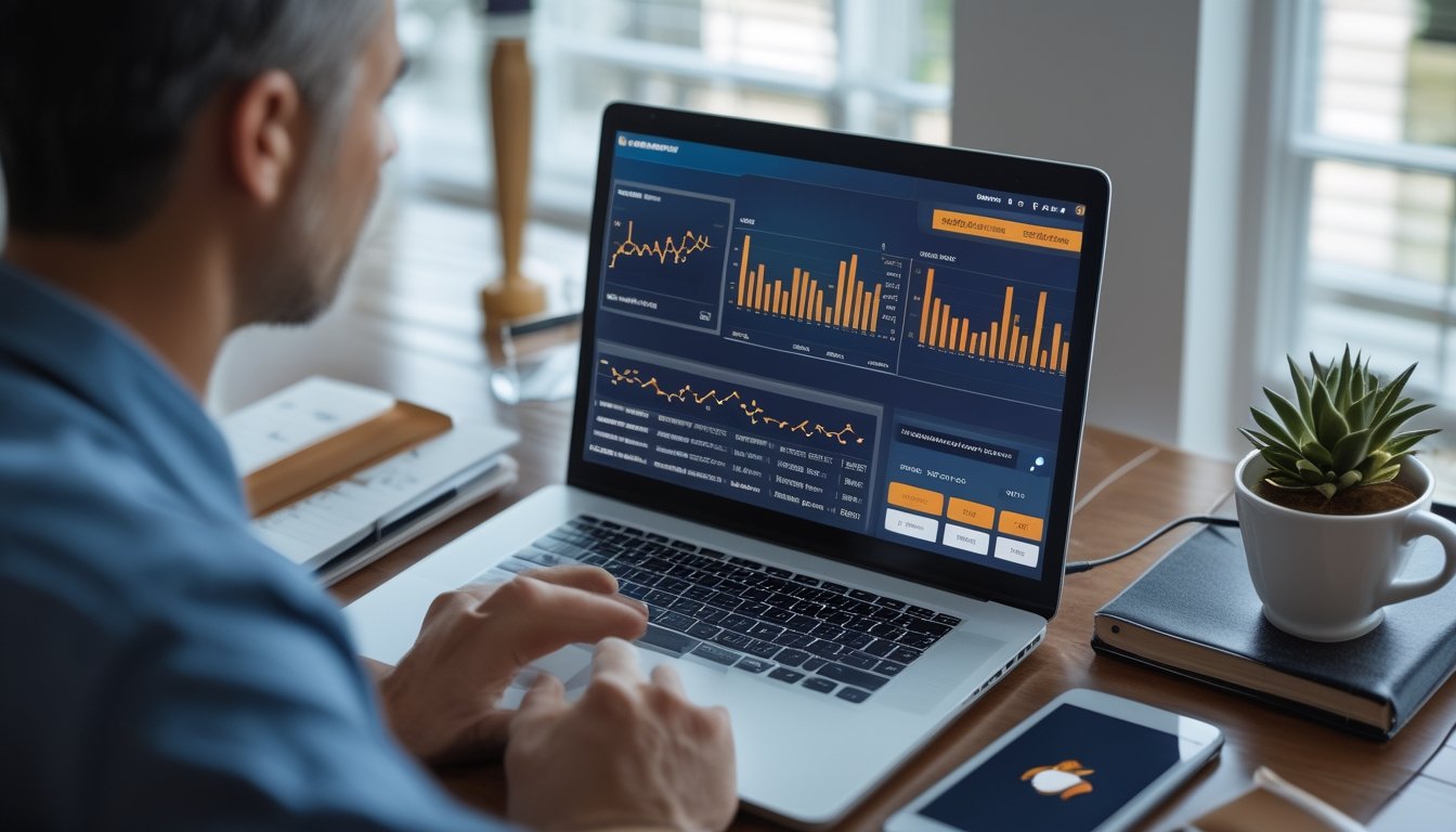 Orang dewasa mempelajari grafik analisis di laptop dengan ponsel, kalkulator, dan buku catatan di meja.