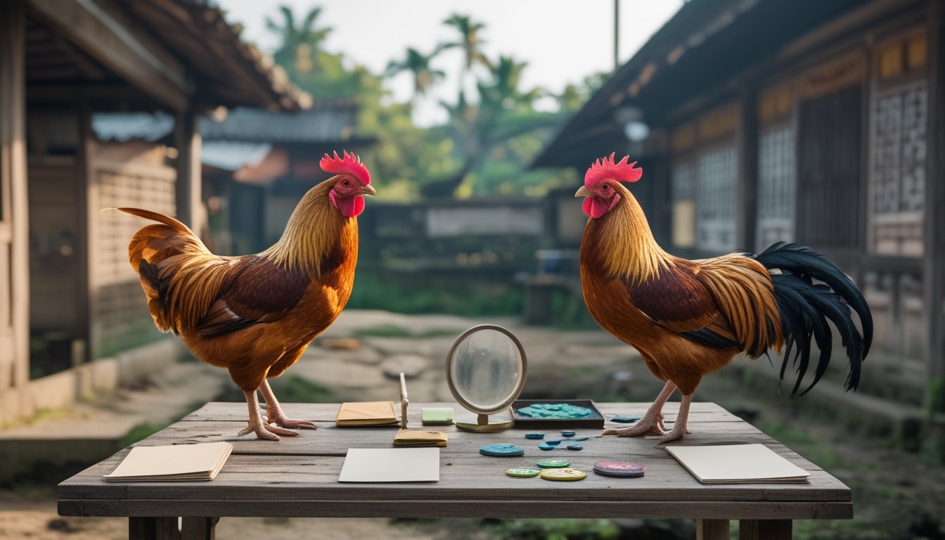 Seorang peternak mengamati dua ayam jantan dalam kandang terpisah sambil menata kartu kosong dan alat perbandingan di lingkungan pedesaan.