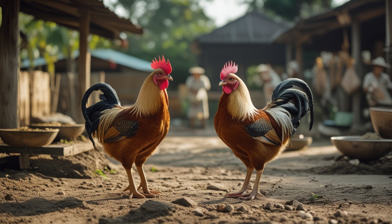 Dua ayam jantan berdiri tenang di kandang pedesaan yang bersih dengan beberapa pengasuh di latar belakang.