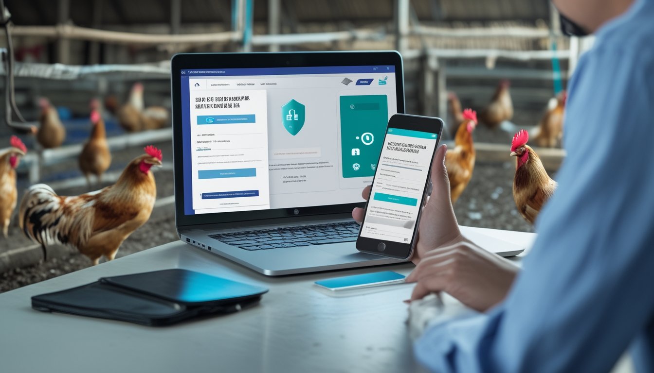 Seseorang memeriksa keamanan pendaftaran digital di laptop dengan latar kandang ayam yang bersih dan aman.