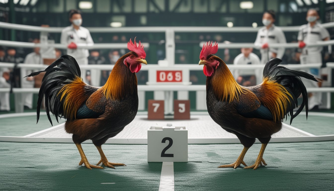 Dua ayam jantan diawasi wasit dan petugas dalam arena pertandingan yang tertata.
