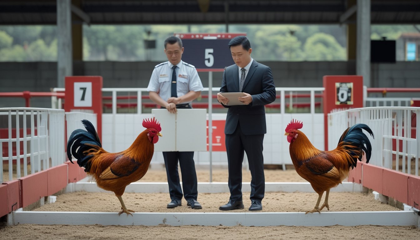 Suasana arena pertandingan sabung ayam modern dengan wasit, peserta, dan pemeriksaan aturan yang berlangsung tertib.