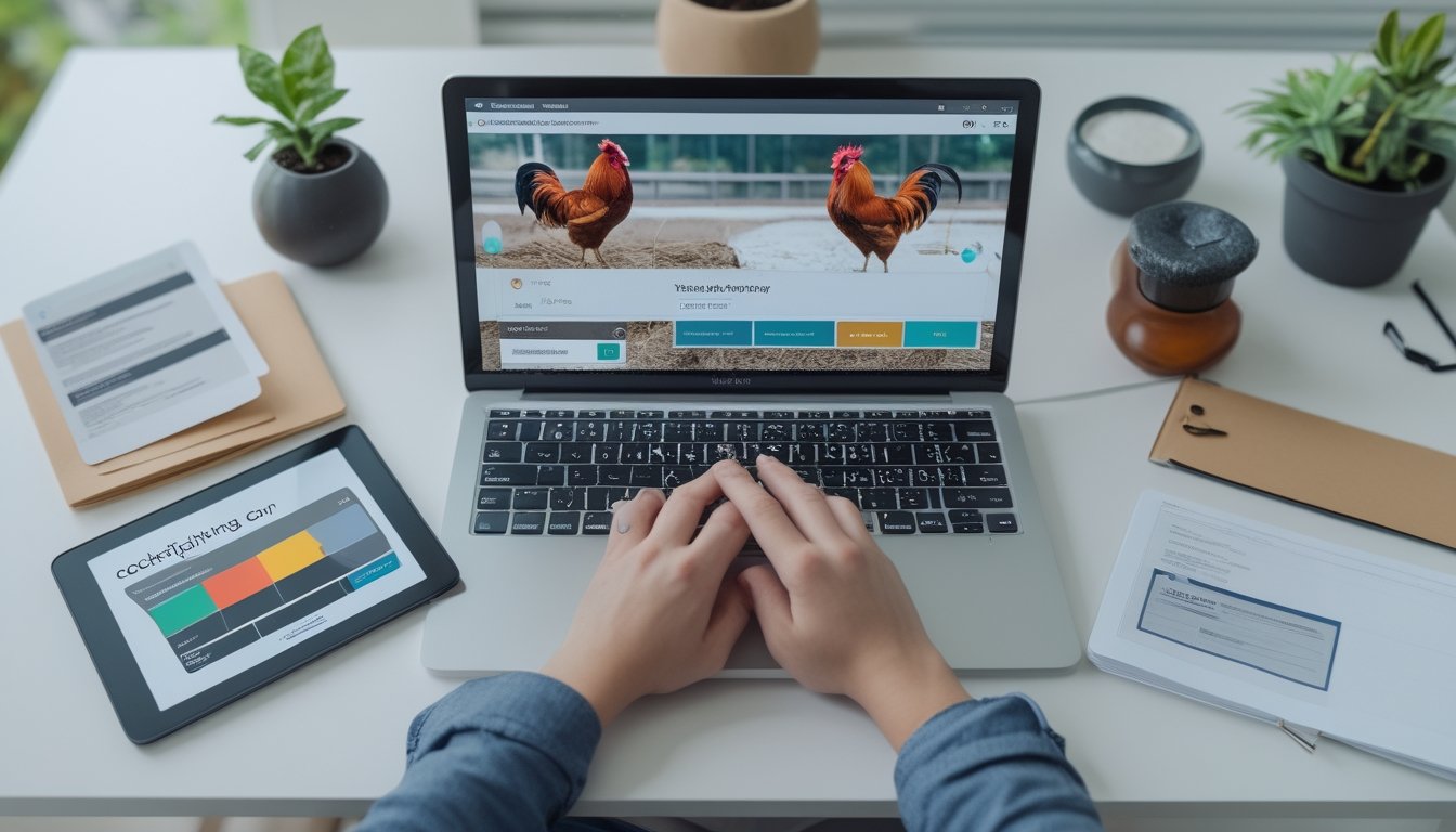 Seseorang membandingkan beberapa platform digital terkait arena sabung ayam melalui laptop dan ponsel di ruang kerja.