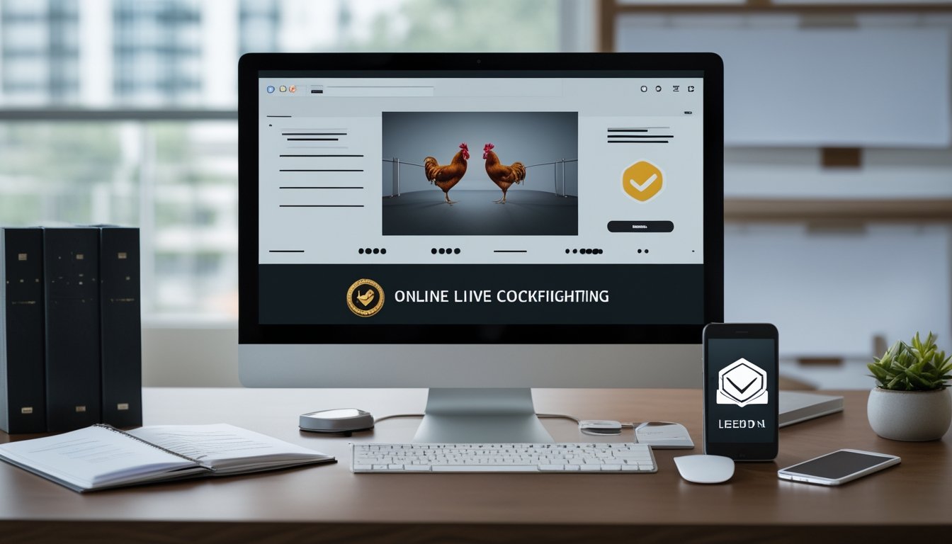 Seorang profesional memeriksa platform siaran langsung dan dokumen kepatuhan di meja kerja.