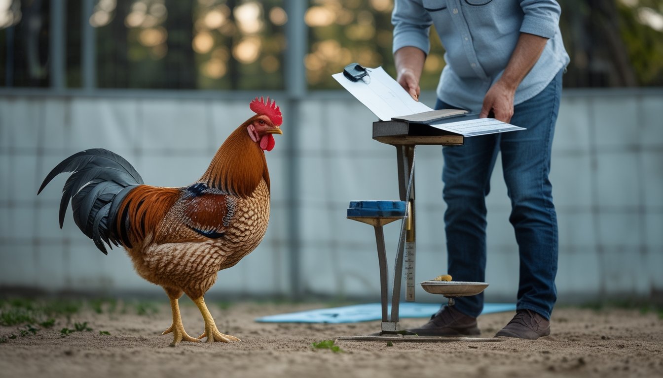 Seorang evaluator mengamati ayam jantan sehat di kandang bersih dengan alat ukur dan papan catatan.