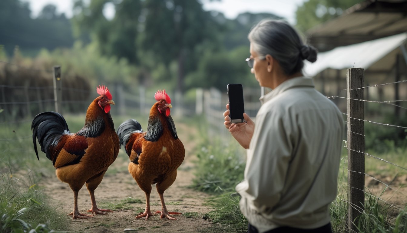 Dua ayam sehat berada terpisah di kandang aman, sementara seorang pengamat memperhatikannya dari jarak yang wajar.