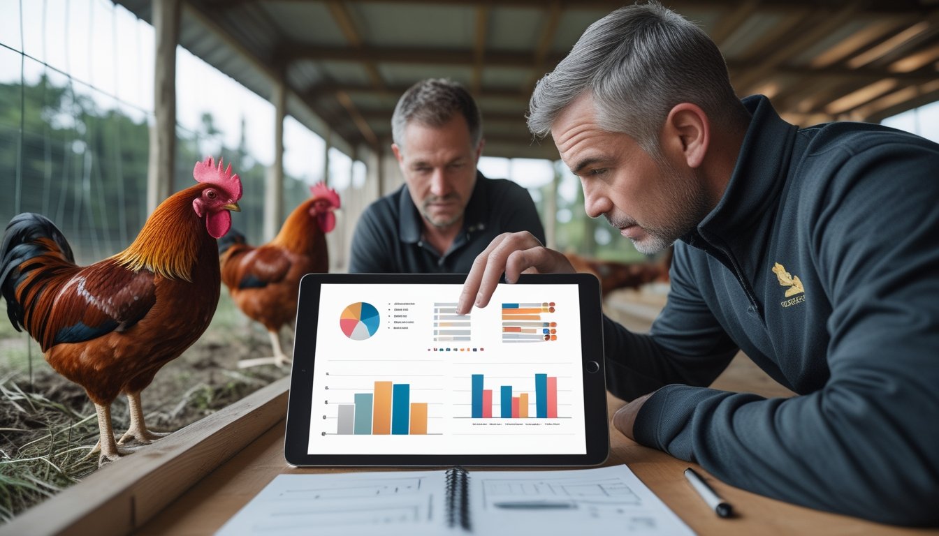 Seorang pemula mempelajari grafik statistik pertandingan sambil mengamati ayam jantan dalam kandang terpisah.