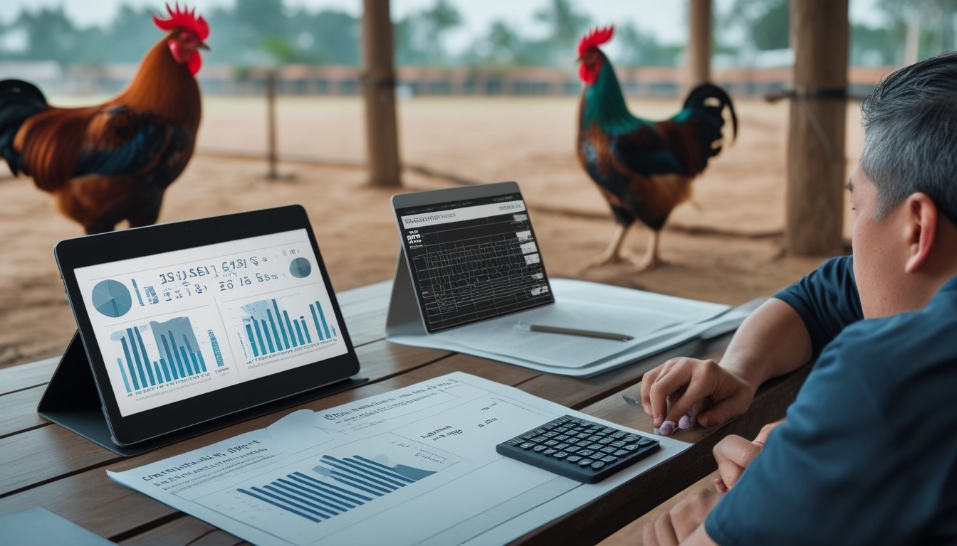 Dua orang mempelajari tabel statistik dan grafik di meja, dengan dua ayam jantan terlihat terpisah di latar belakang.