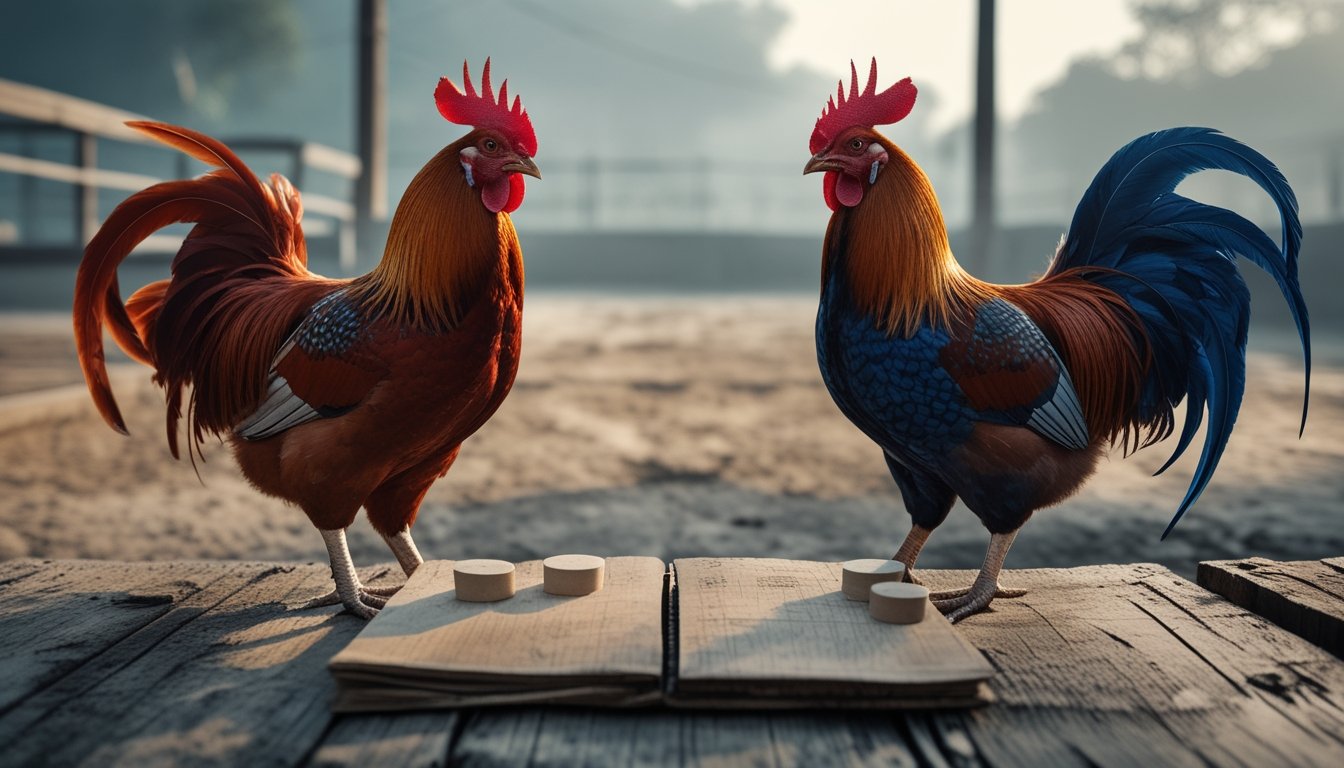 Dua ayam jantan berwarna merah dan biru berada di arena, sementara seseorang menata penanda taruhan di atas meja kayu.