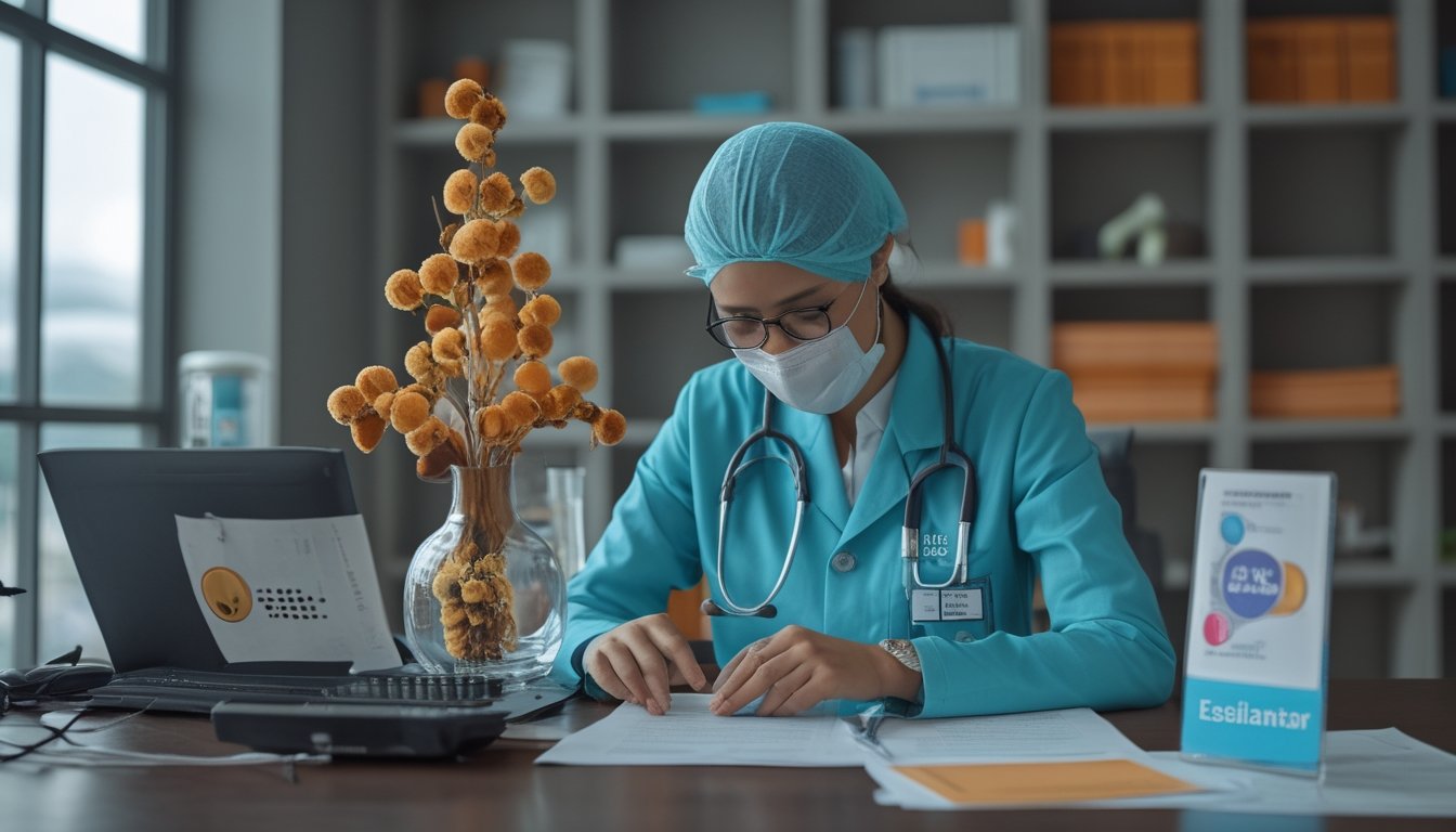 Dokter hewan memeriksa ayam jantan sehat di ruang edukasi dengan kartu merah dan biru sebagai simbol pilihan.