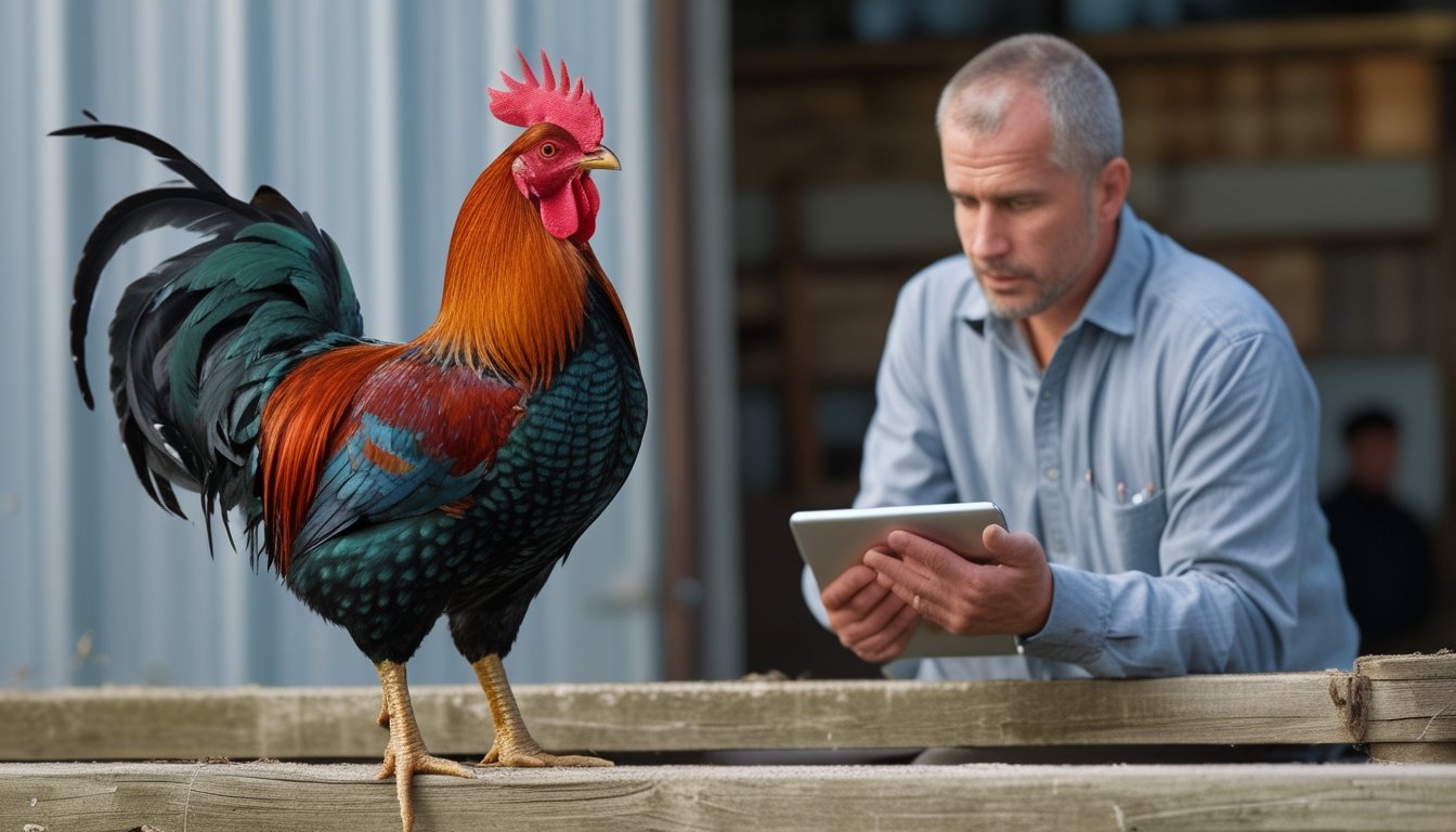 Seorang pemeriksa mengamati ayam jantan sehat di kandang bersih untuk menilai kondisinya.