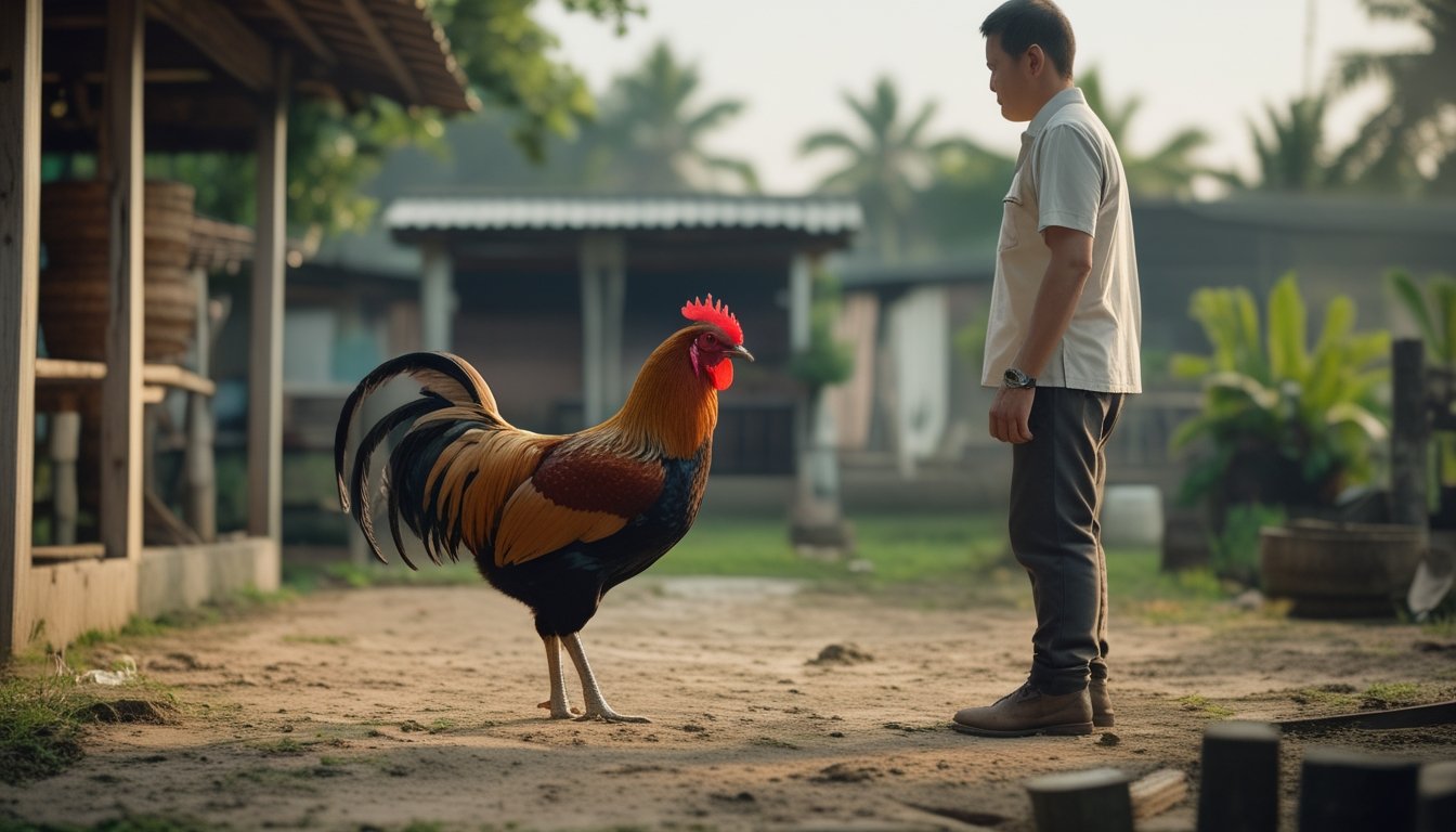 Seorang pemeriksa mengamati ayam jantan sehat dengan postur tegap di halaman kandang pedesaan.