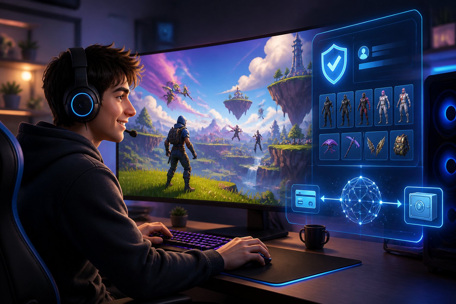 A gamer uses a computer while a secure digital profile and colorful battle-royale-inspired game world appear on the monitor.