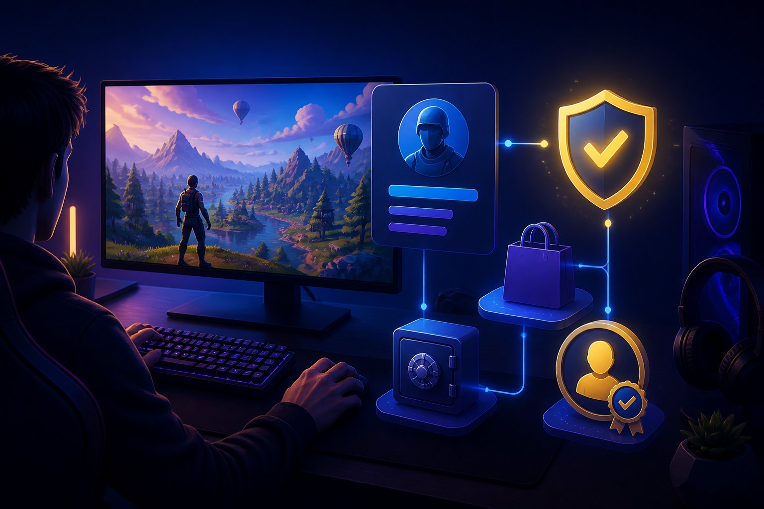 A gamer reviews a secure digital account purchase beside a monitor displaying a colorful battle royale game scene.
