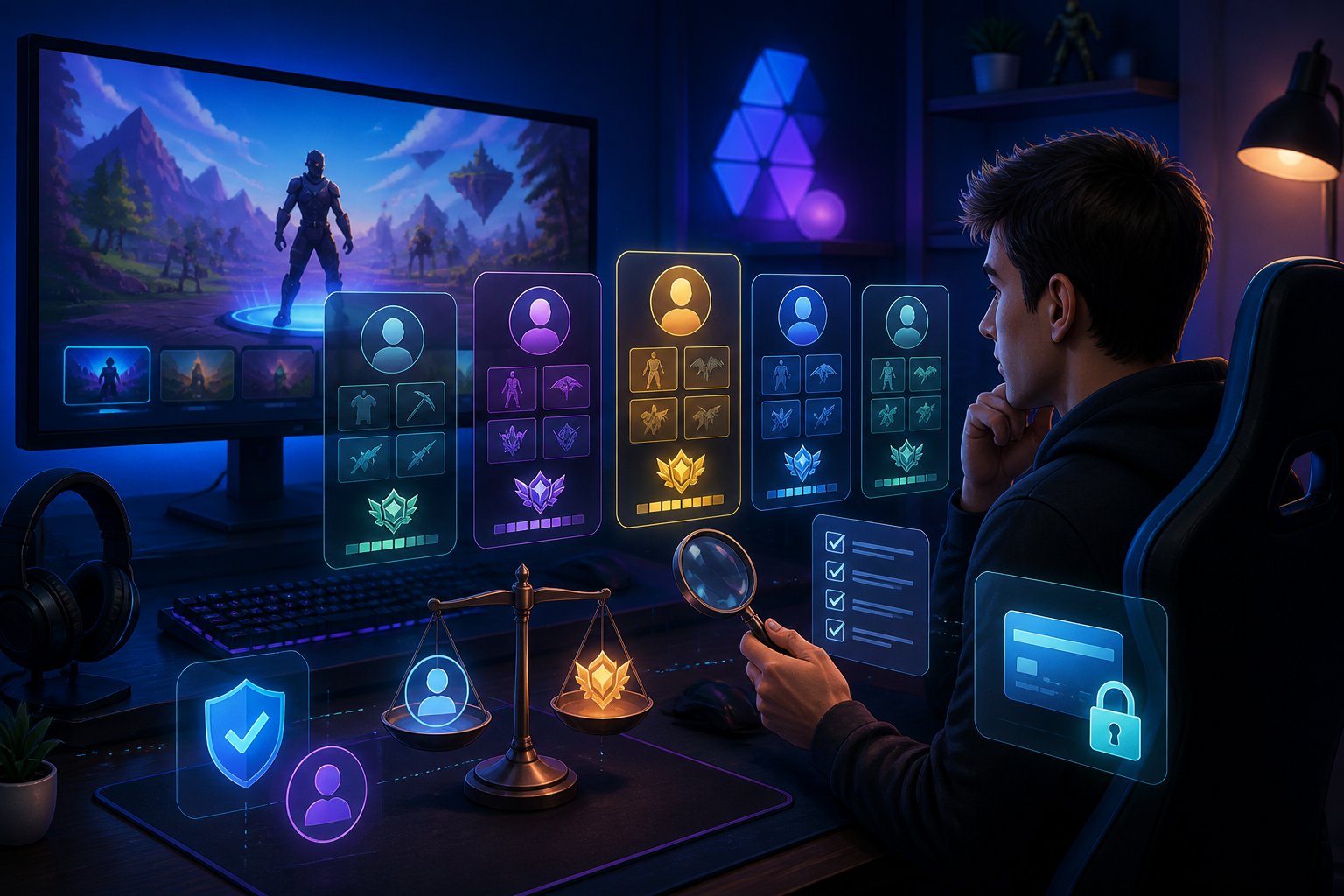 A gamer evaluates several virtual game account options beside a monitor in a modern gaming setup.