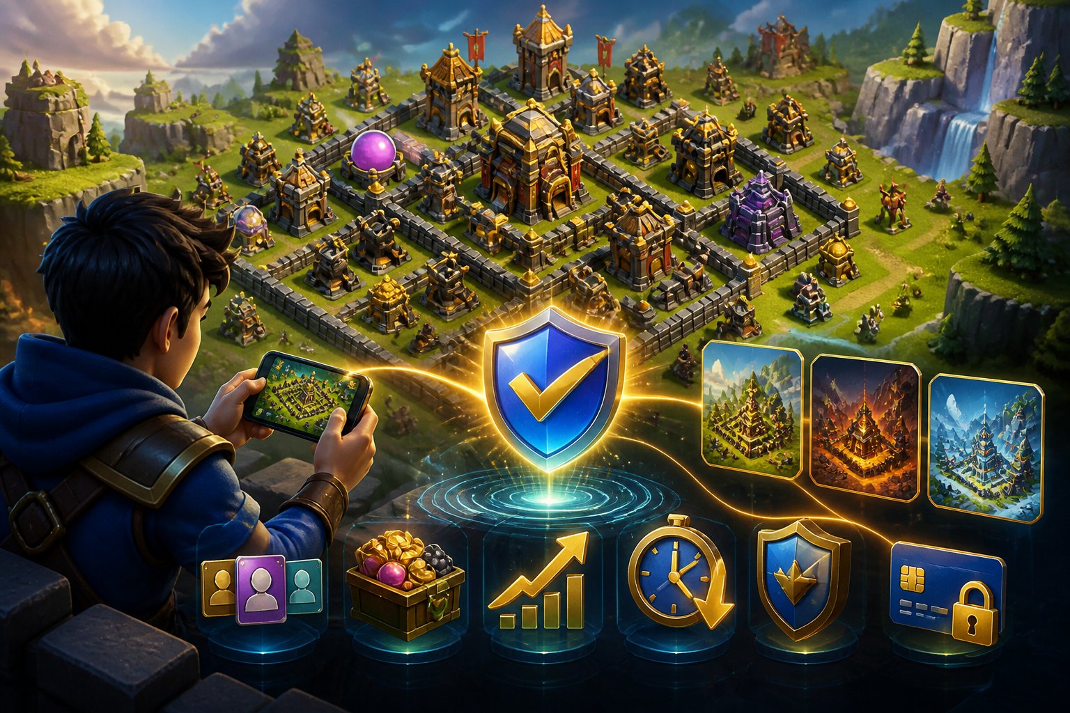A player views a fortified fantasy village on a smartphone beside secure marketplace symbols and organized gaming resources.